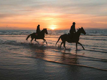 Casal andando a cavalo na praia