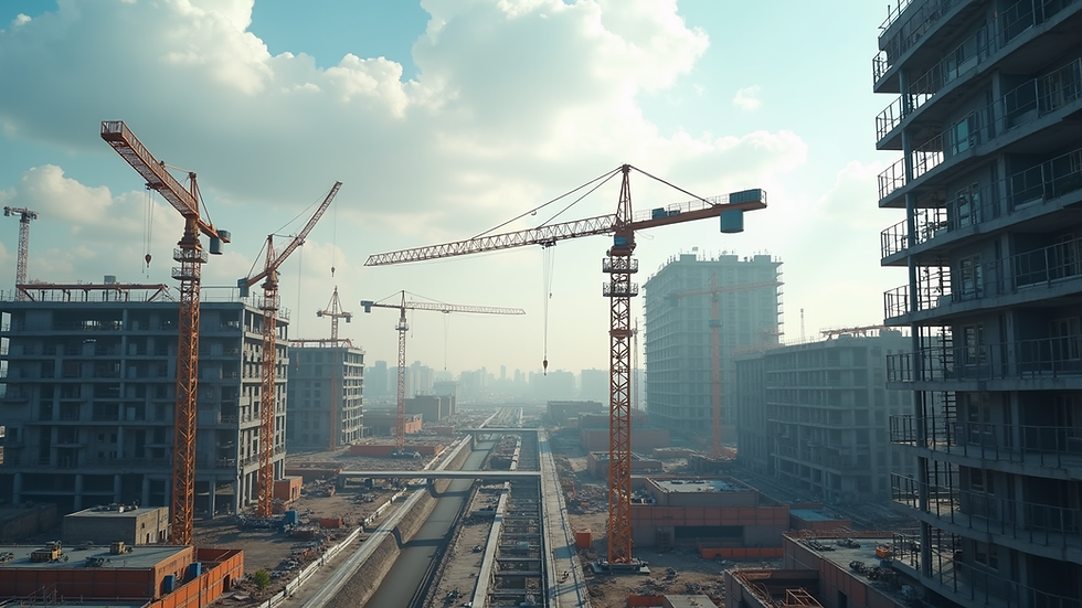 Wide angle view of a modern construction site with cranes and scaffolding