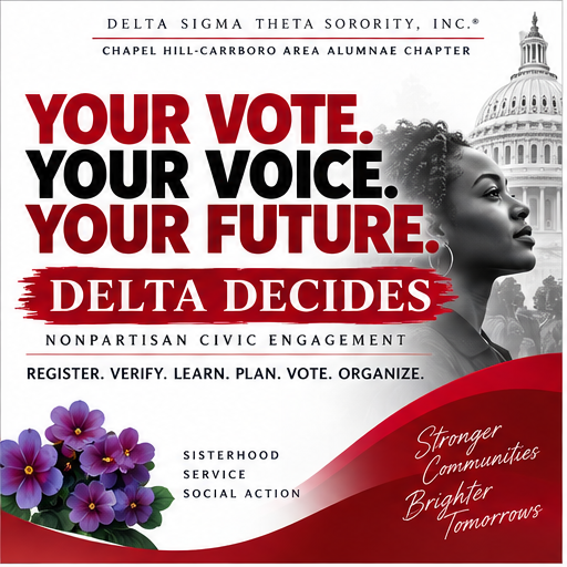 Delta Decides nonpartisan civic engagement graphic from the Chapel Hill-Carrboro Area Alumnae Chapter encouraging voters to register, verify, learn, plan, vote and organize.