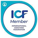 Circular logo for the International Coaching Federation (ICF) featuring blue and gold text with a modern, professional design
