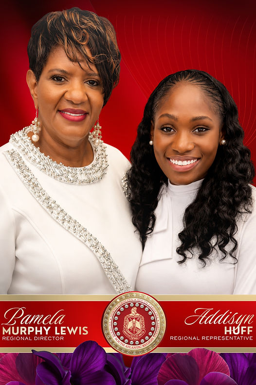 Portrait of Pamela Murphy Lewis, South Atlantic Regional Director, standing beside Addisyn Huff, Regional Representative, in coordinated white attire against a red background with the South Atlantic Region emblem and purple violets.