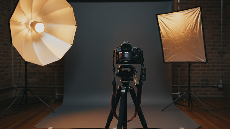 Close-up view of a professional portrait setup with lighting and camera equipment