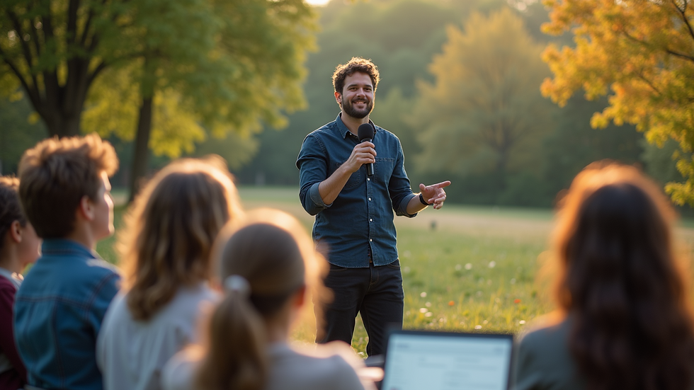 High angle view of a photographer teaching a small group outdoors