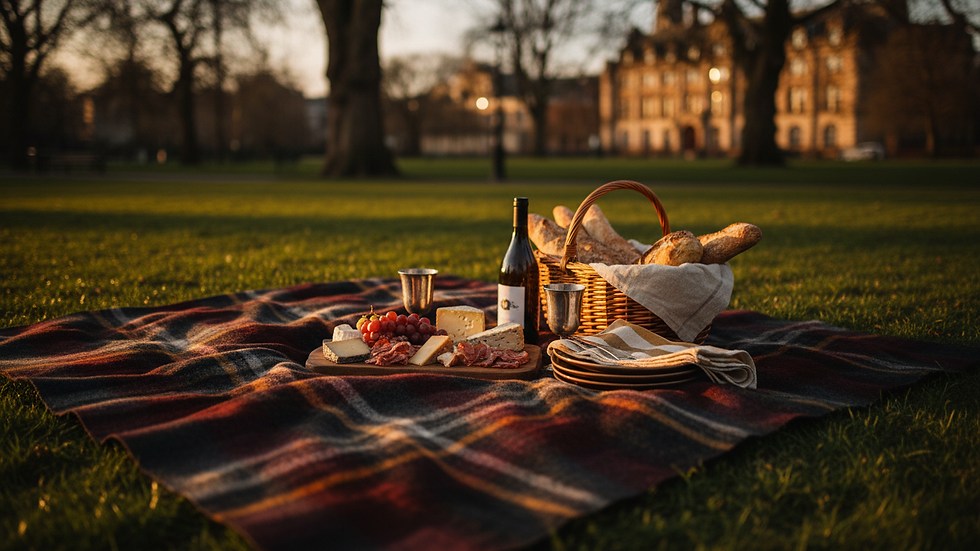 Close-up view of a picnic blanket laid out in a Manchester park