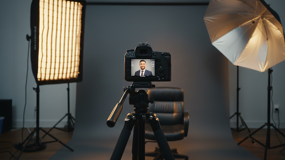 Close-up view of a professional business headshot setup with camera and lighting