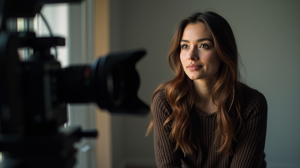 Eye-level view of a professional camera setup focused on a single actor during a headshot session