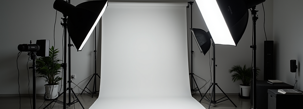 Studio set with softbox lights and white backdrop