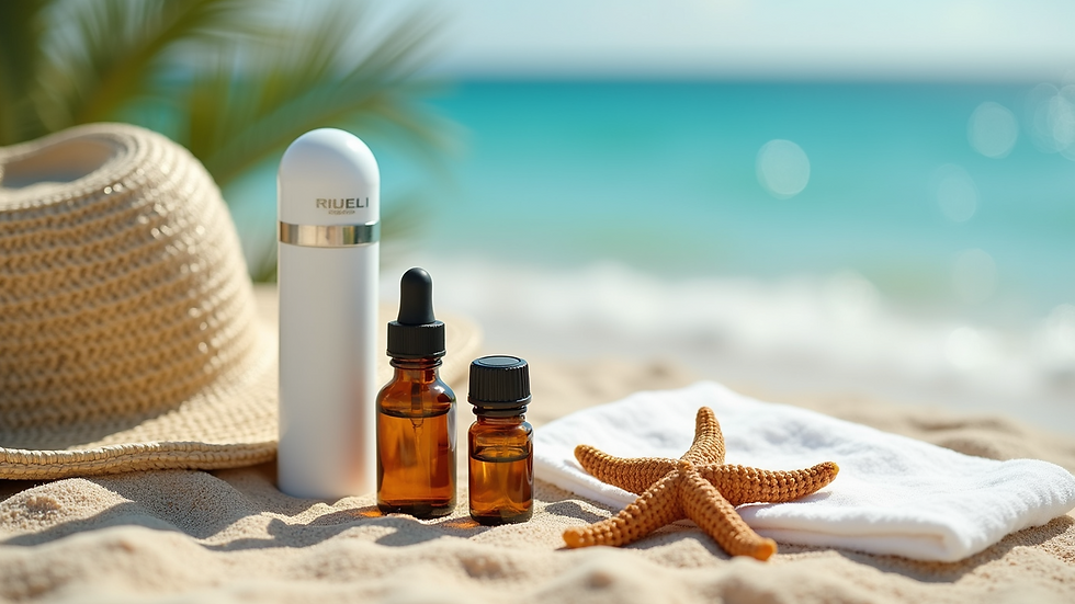 Eye-level view of a beach-themed natural cleaning set with essential oils and a vaporizer