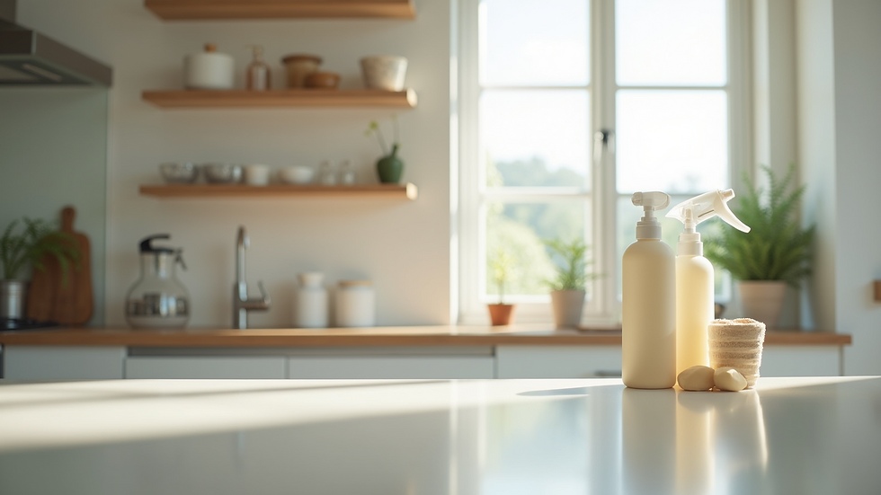 Eye-level view of a clean kitchen with natural cleaning products on the counter