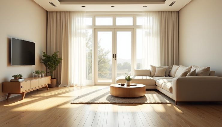 Eye-level view of a clean and bright living room with sunlight streaming through windows
