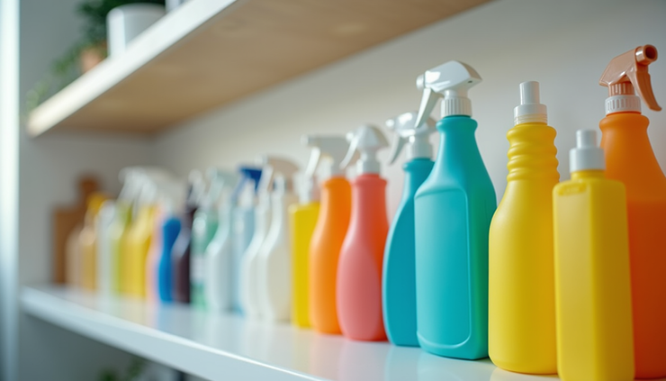 Close-up view of cleaning supplies arranged neatly on a shelf in a bright kitchen
