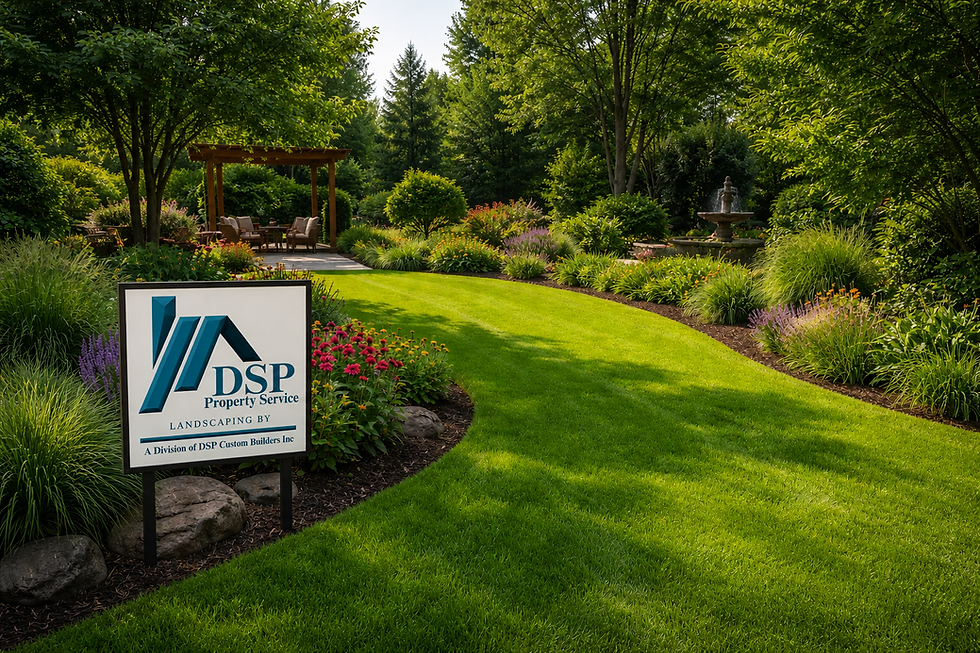DSP Property Service sign in a lush landscaped garden.