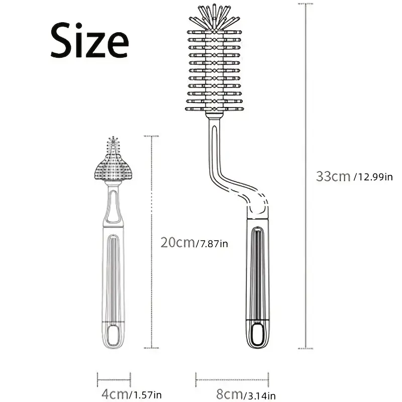 Silicone bottle cleaning brush size guide showing 33cm and 20cm lengths.