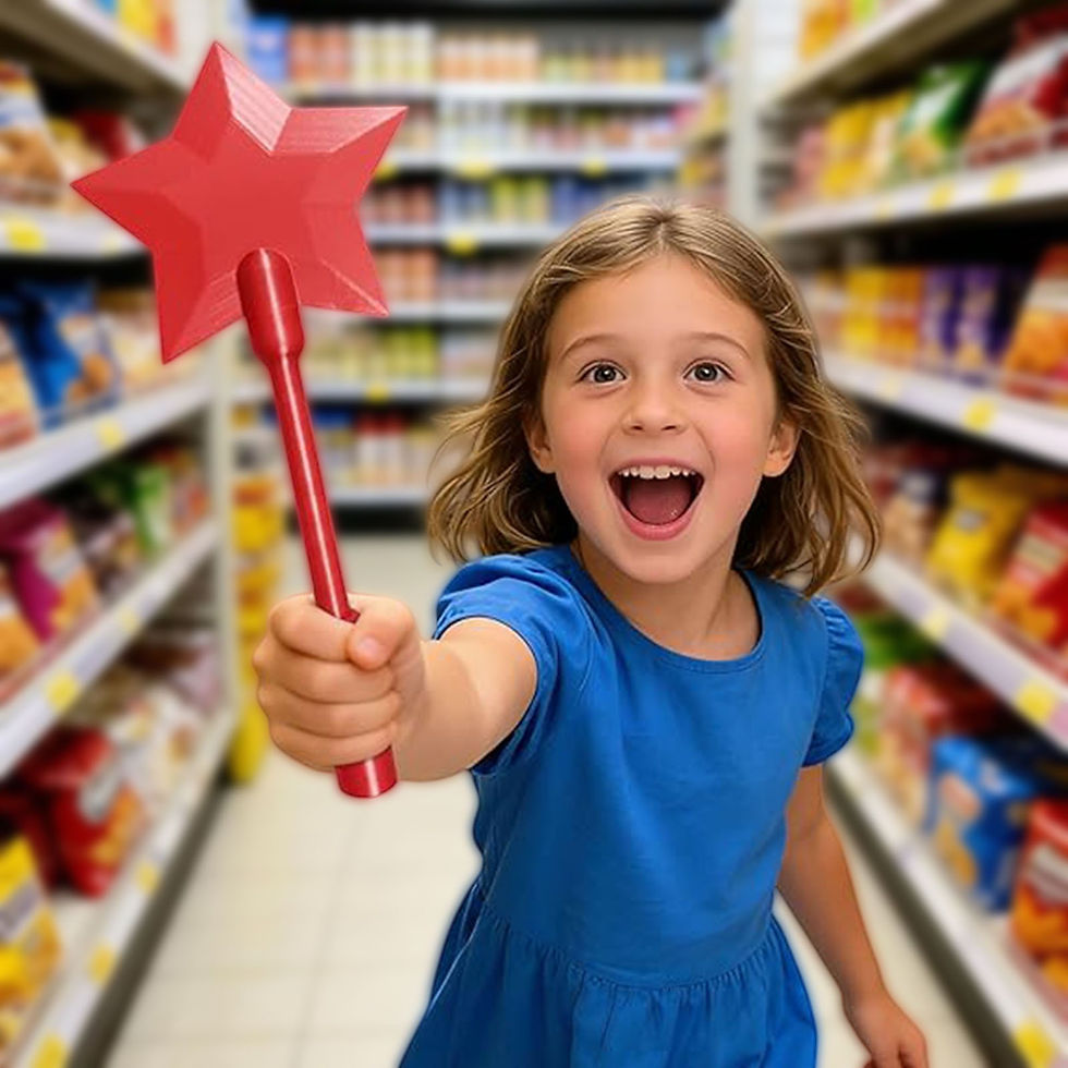 Excited girl holding a TapMagic Wand in a grocery aisle.