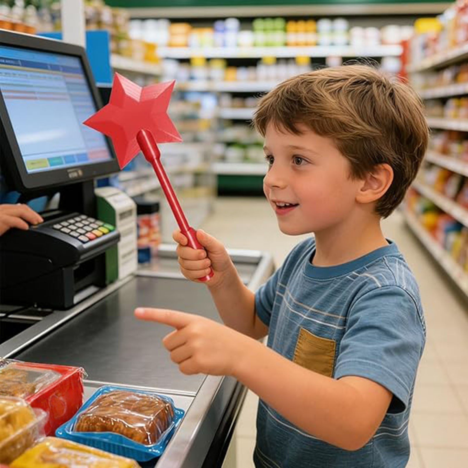 Boy using TapMagic Wand at a grocery store checkout.