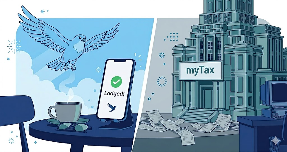 Visual comparison between the streamlined Tax Falcon online agent and the clunky myGov portal.