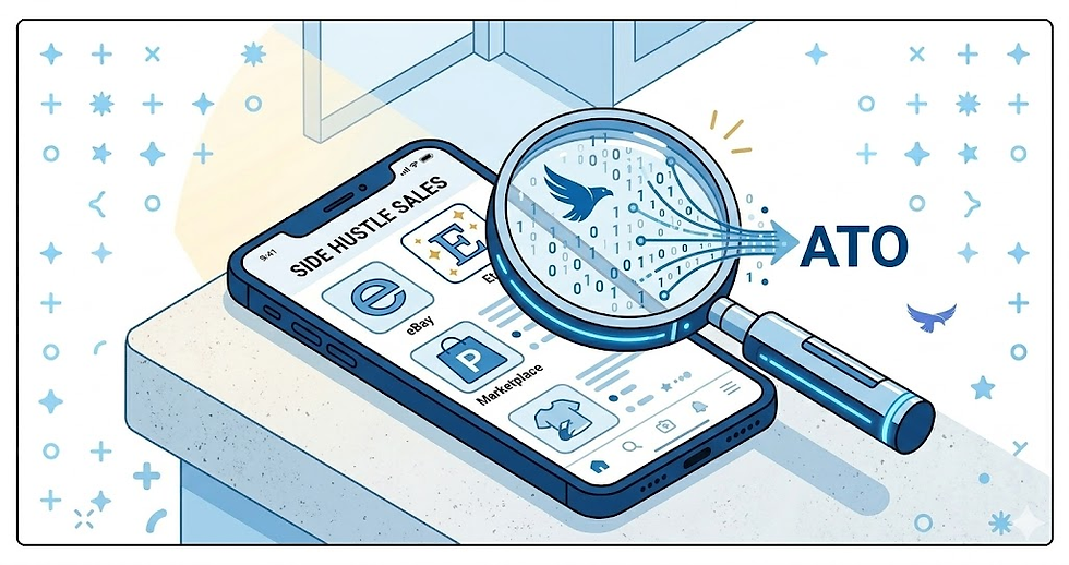 Conceptual representation of the ATO using data matching to track online side-hustle sales.
