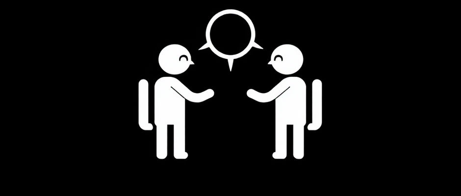 Two beings discussing concepts across from each other white on black