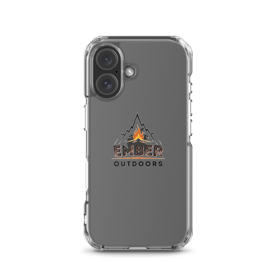 Smartphone back in clear case, Ember Outdoors logo