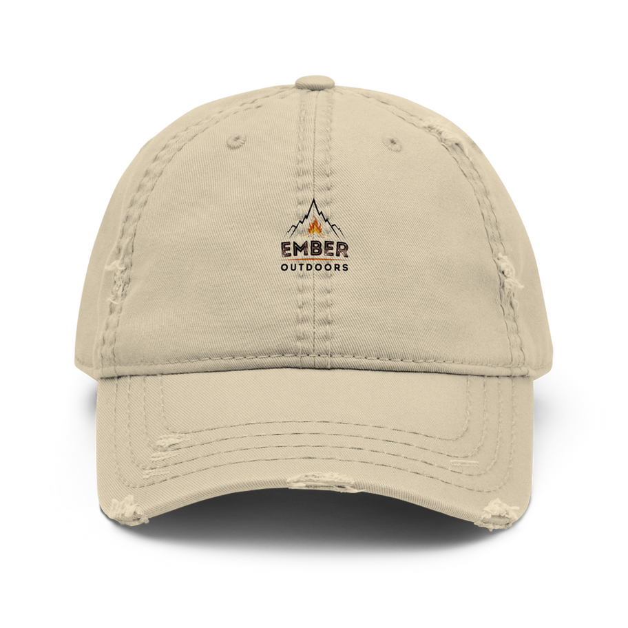 Distressed beige cap with Ember Outdoors logo