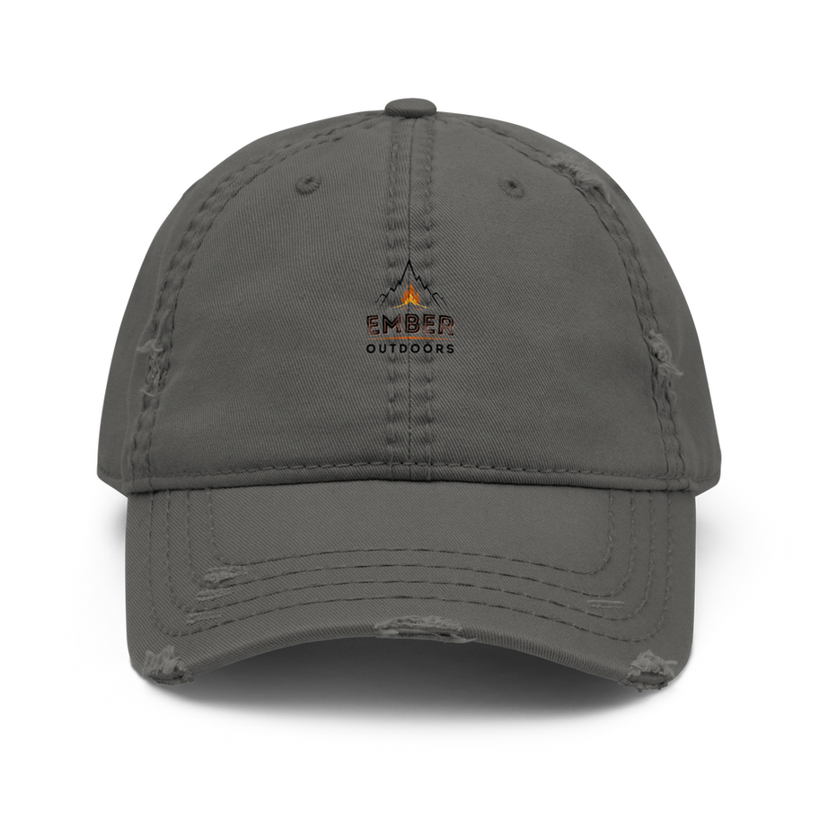 Distressed grey baseball cap with Ember Enterprises logo
