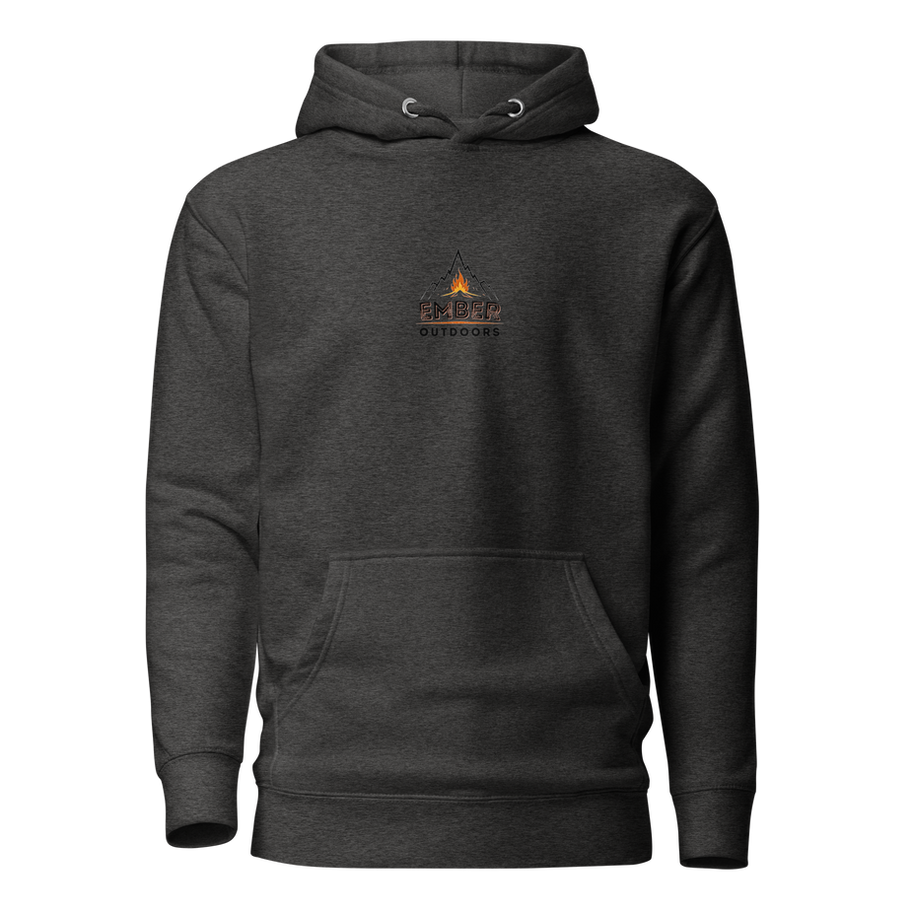 Dark gray hoodie with a chest logo