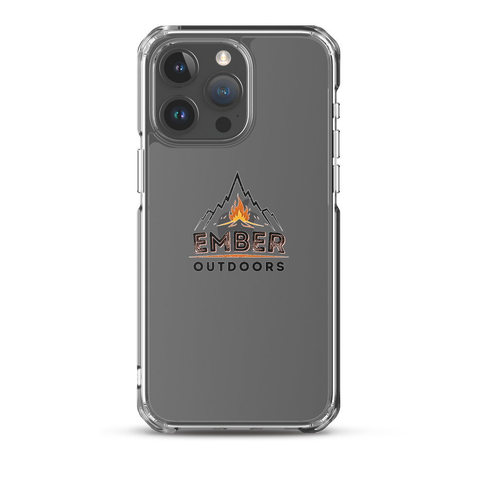 iPhone in clear protective case with Ember Outdoors logo