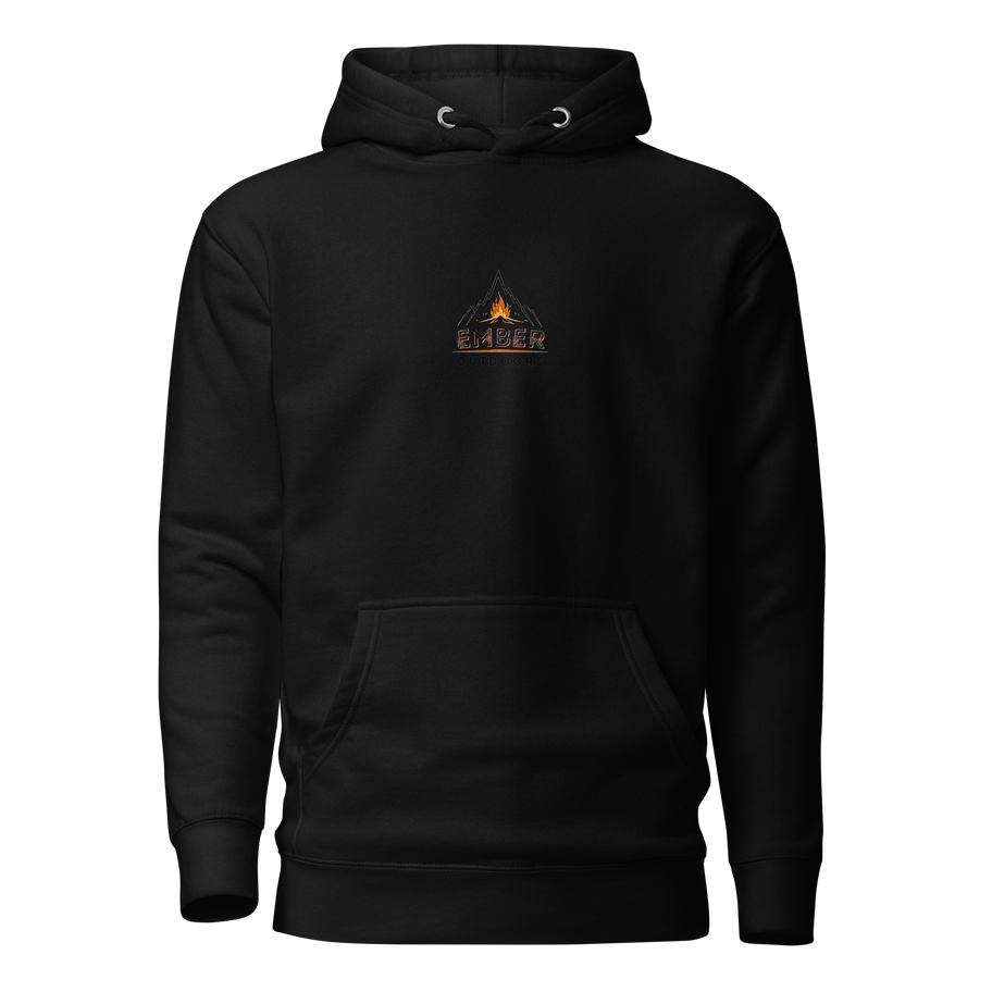 Black hoodie with an orange mountain-like logo on the chest