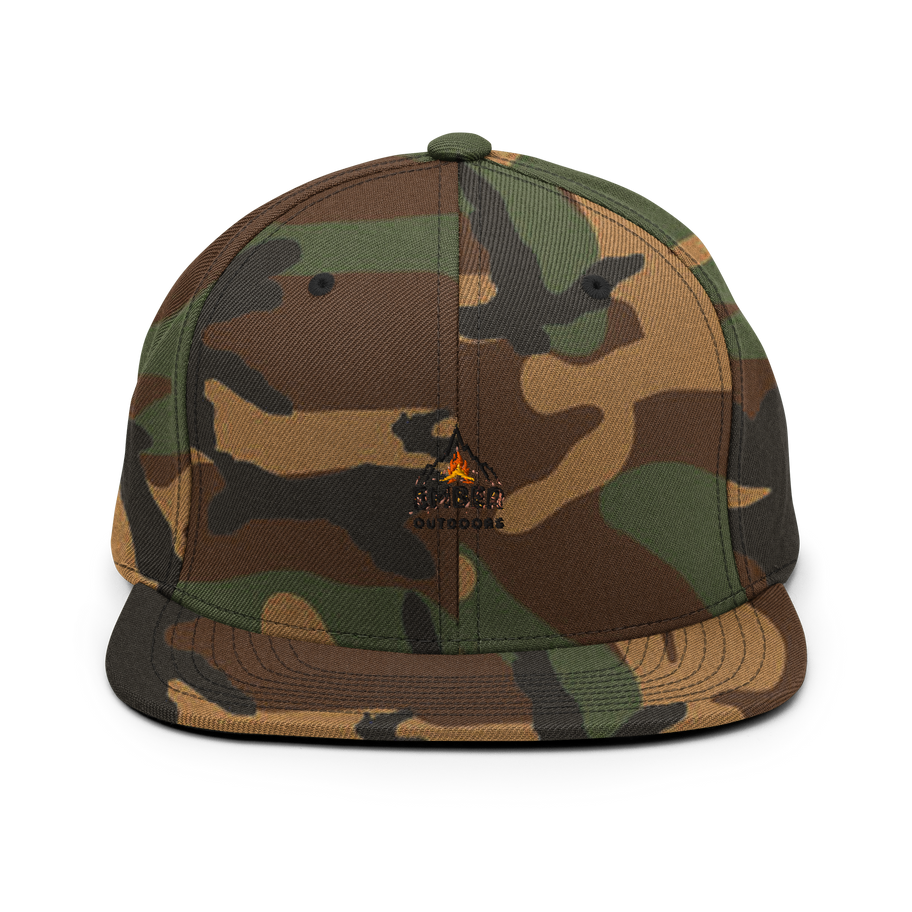 Camouflage flat-brim hat with CAMP OUTDOORS logo