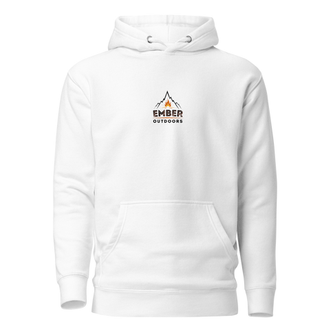White hoodie with Ember Outdoors logo
