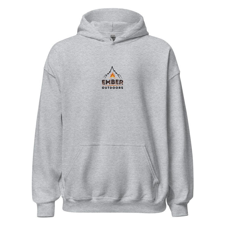 Light grey hoodie with Ember Outdoors logo