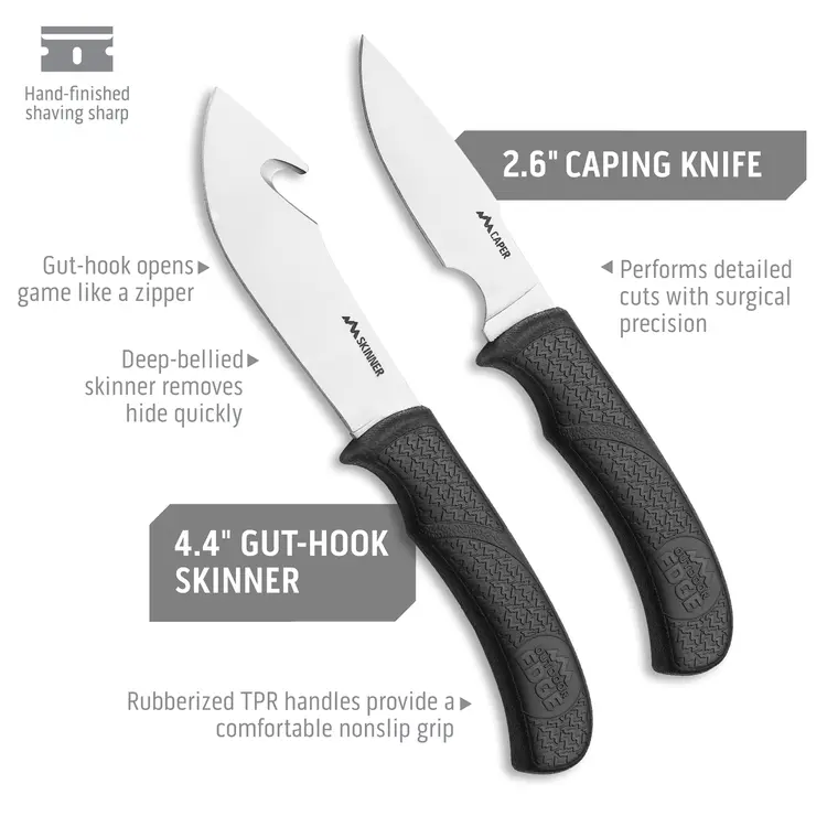 4.4 inch gut-hook skinner and 2.6 inch caping knives