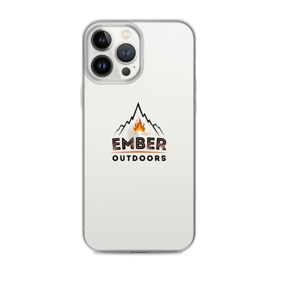 iPhone in clear case with Ember Outdoors logo
