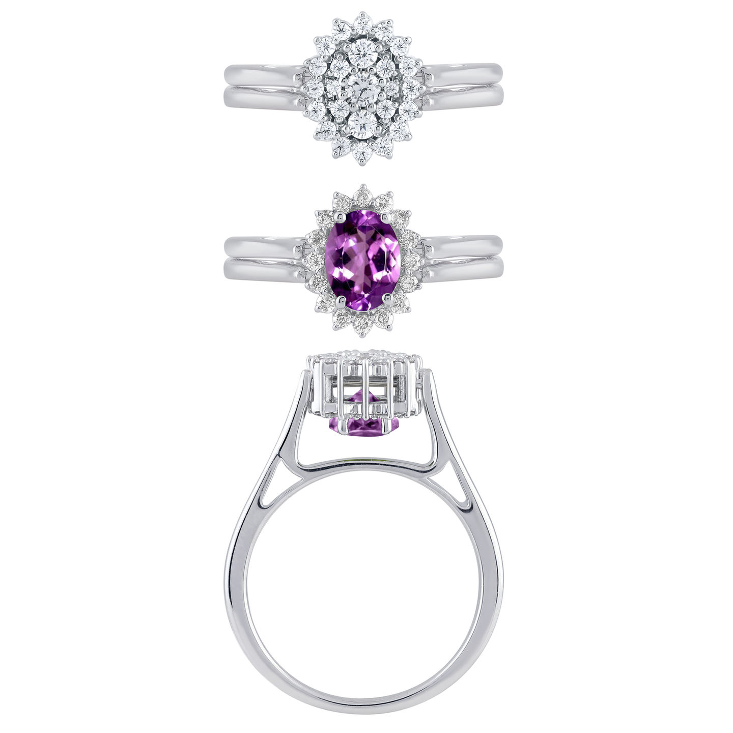 14k White Gold Cardow Famous Reversible Flip Ring with Purple Amethyst and Diamond Halo