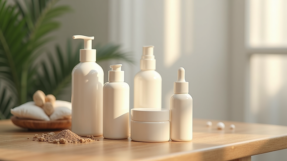 Close-up view of skincare products arranged neatly on a wooden table