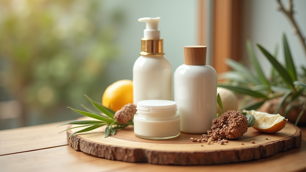 Close-up view of skincare products with natural ingredients on a wooden surface