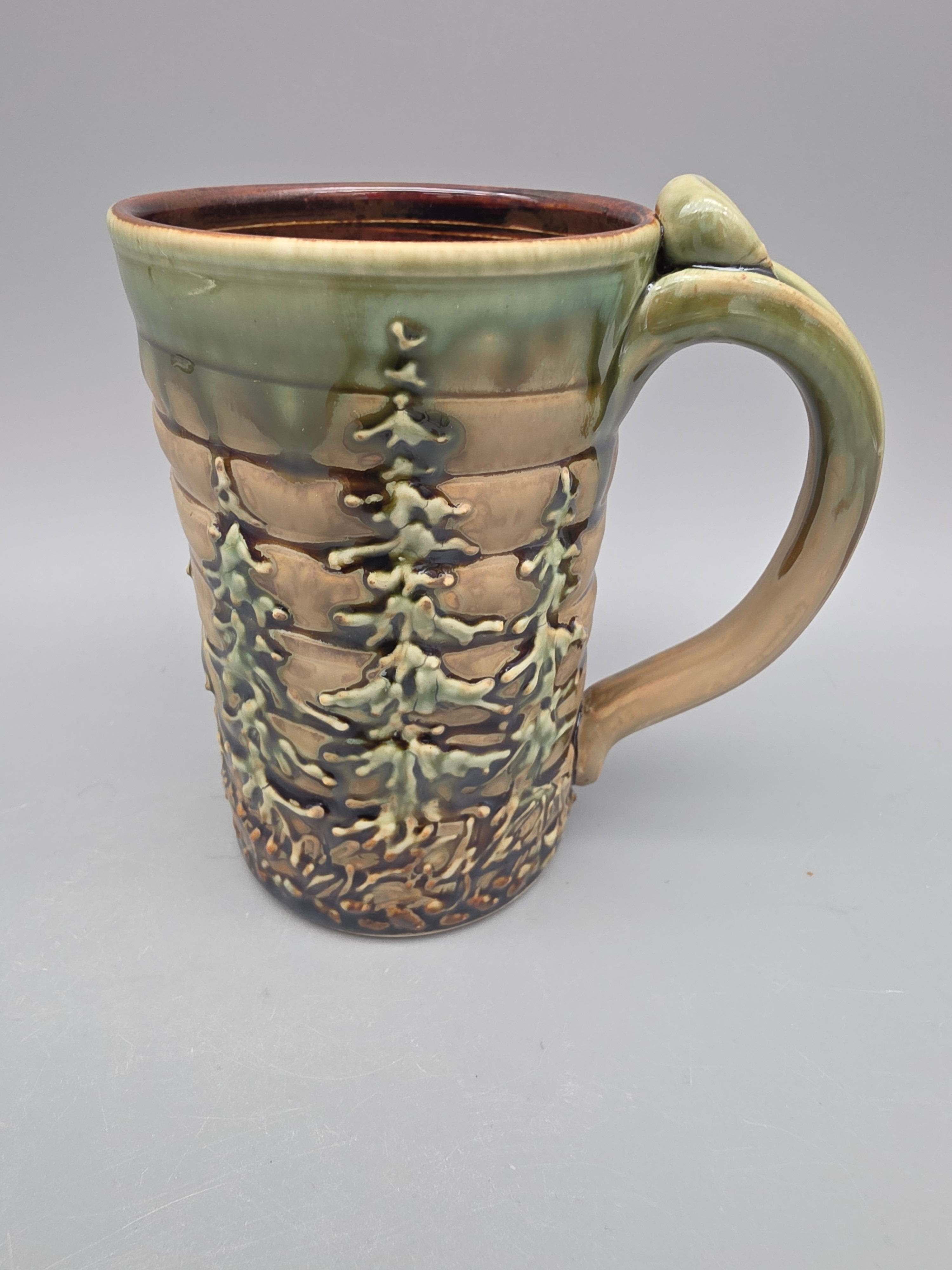 Beautiful Orange &Green Swirled Pinetree Mug w/ Green Trees