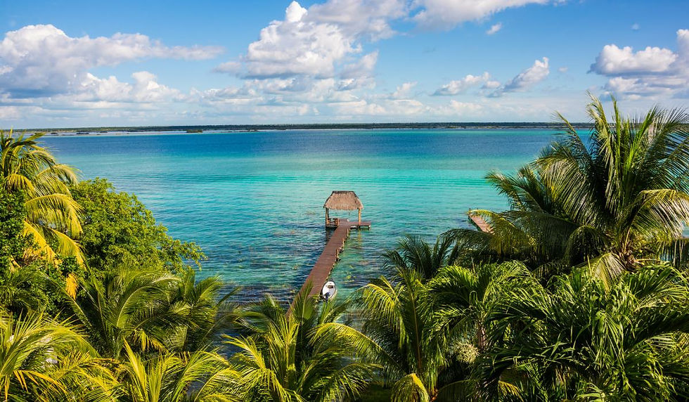 Tropical bay with turquoise water, palm trees, and a wooden dock leading to a thatched hut under a bright blue sky.