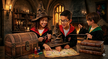Vintage-style spellbooks, glowing potion bottles, and magic wands set up for a wizard-themed party.