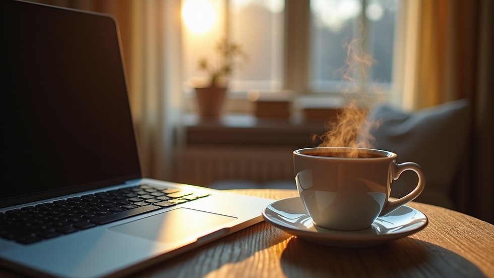 Eye-level view of a cozy reading nook with a laptop and a steaming cup of coffee