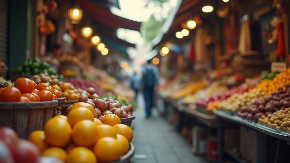 Eye-level view of a vibrant market with diverse products