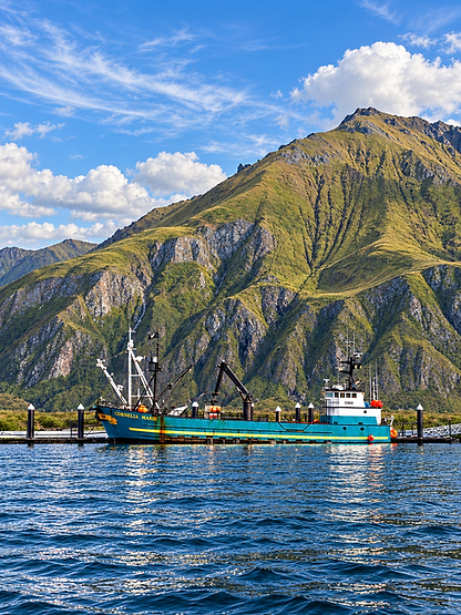 The Boat docked with green mountains in the background