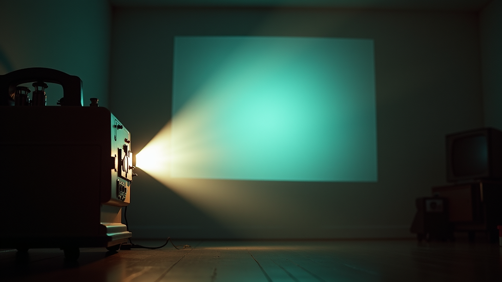 Eye-level view of a vintage film projector casting light onto a screen