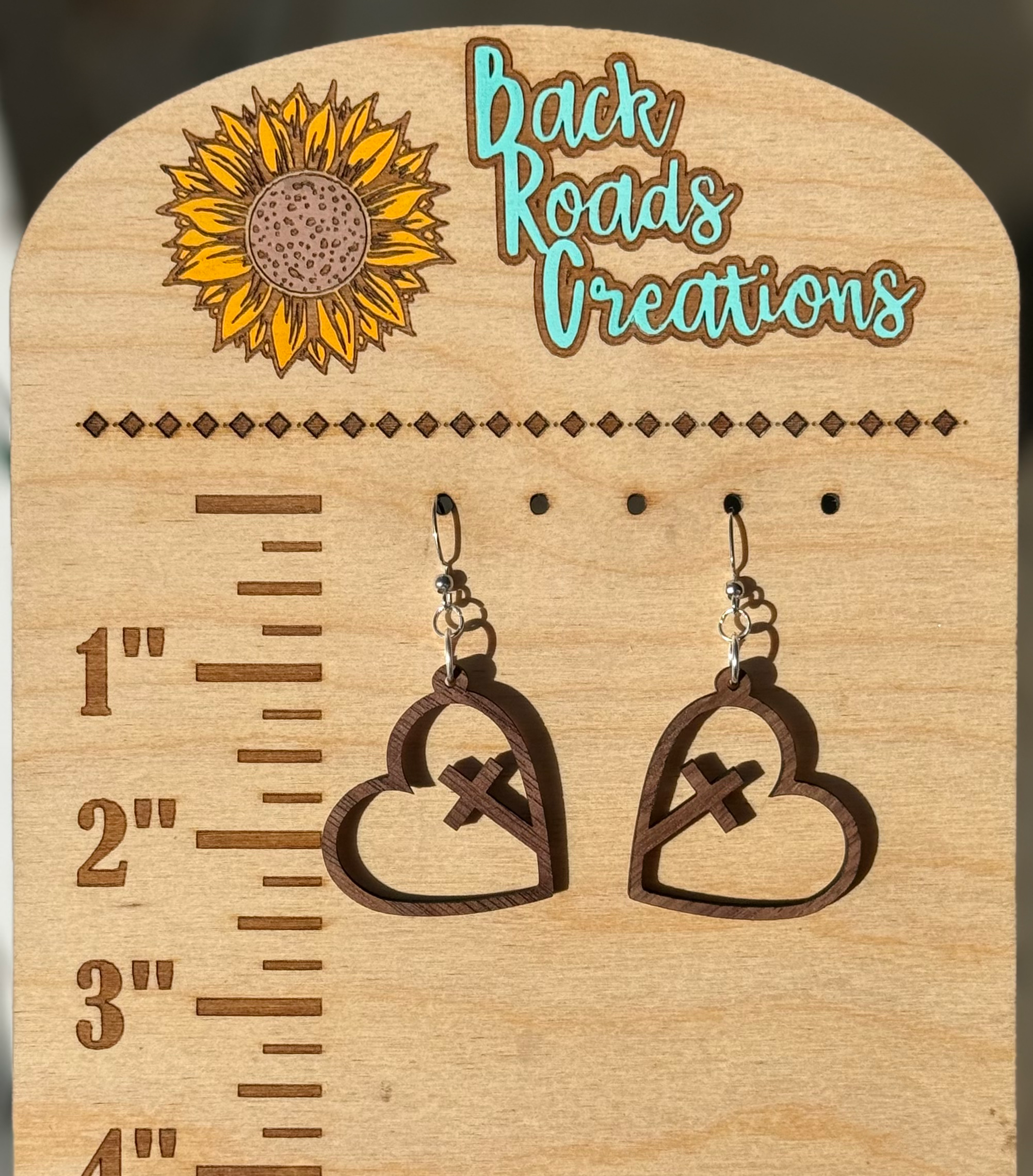 Heart with Cross, Wood Earring
