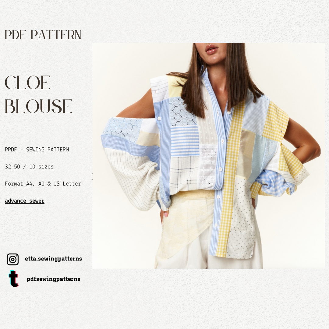 Cloe Blouse PDF Sewing Pattern - Oversized Patchwork Shirt Pattern -32-50 EU