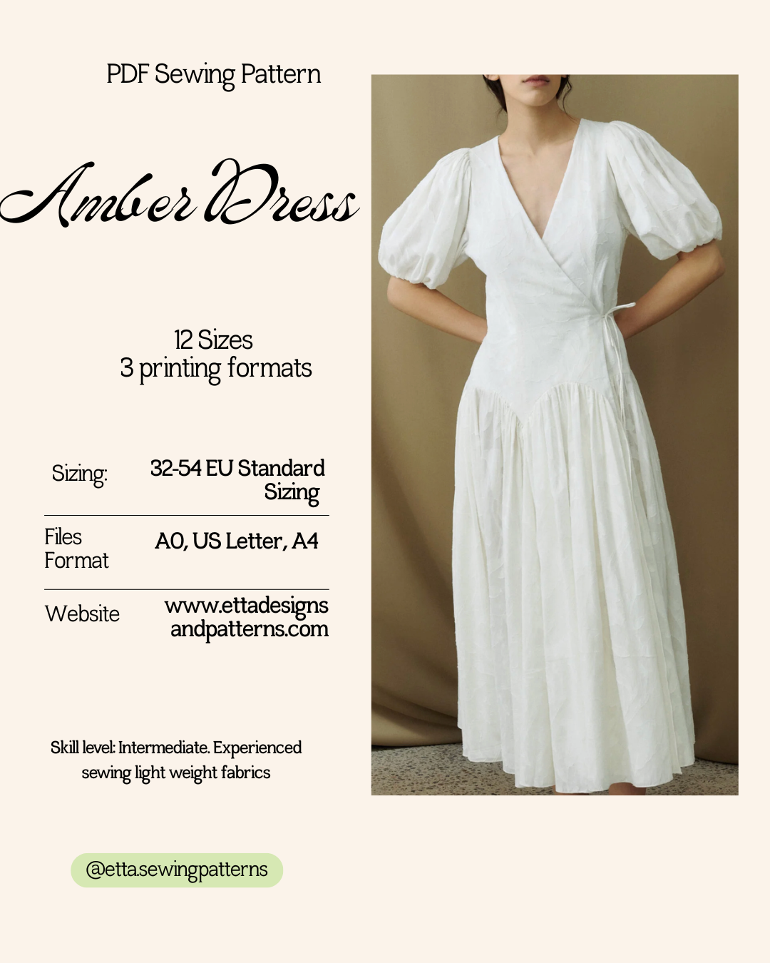Drop waist midi dress PDF Sewing Pattern - Amber Cottagecore wrap up Dress