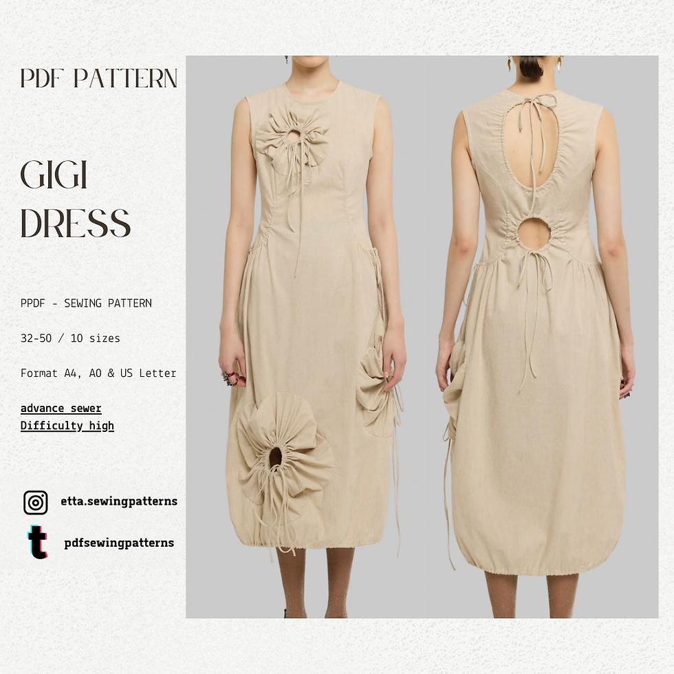 Thumbnail: Bubble Sleeve Midi PDF Dress Sewing Pattern | Flower Cutout Dress |  Size 32-50