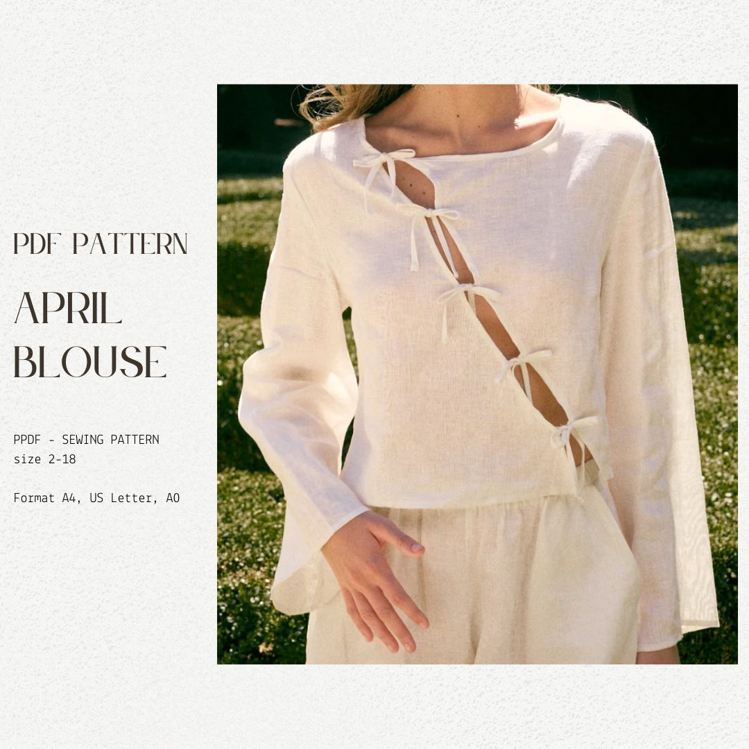 Tie-Up Blouse PDF Sewing Pattern: Long Sleeve Coquette Top (Sizes 2-18) 