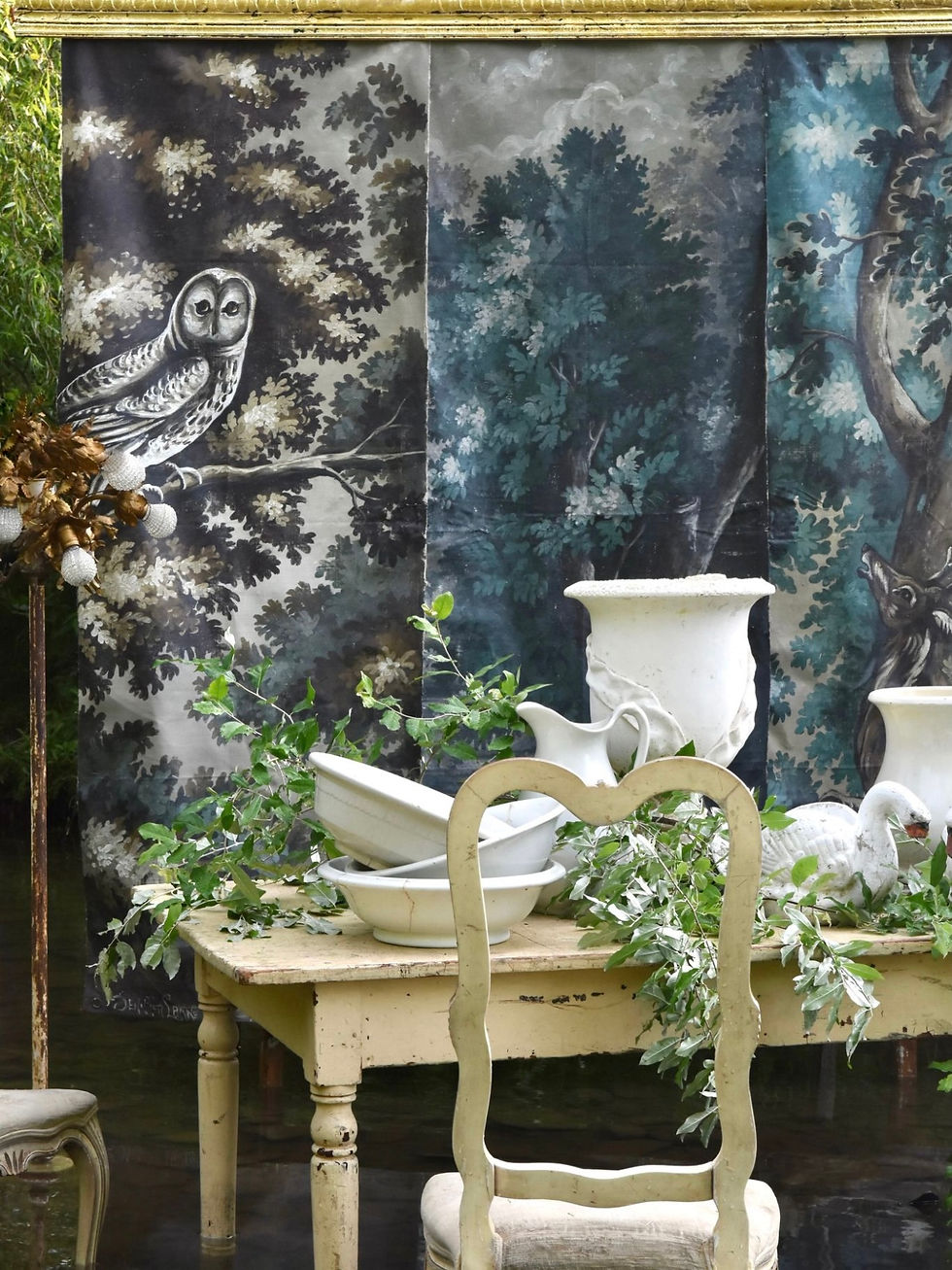 Jennifer Lanne verdure backdrop paintings owl and deer table setting