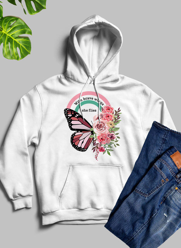 White hoodie with butterfly, flowers, and "We have wings like flies" text